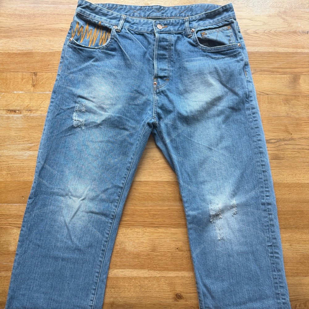 The Hundreds Distressed Light Wash Jeans Orange Zigzag Embroidery Mens 36